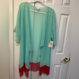 NWT LuLaRoe MONROE FRINGED SHORT SLEEVE DUSTER. Mint Green w/Pink. Size L.